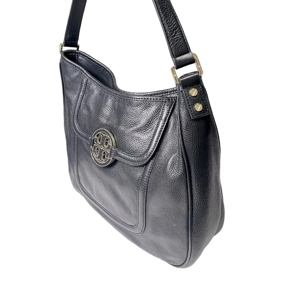 Tory Burch Black Pebble Leather Amanda Flat‎ Hobo Bag